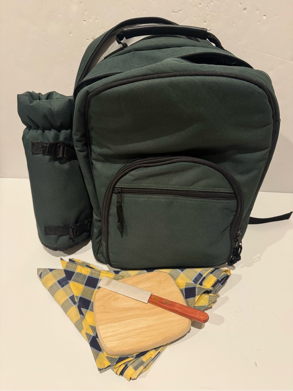 Dark Green Picnic Backpack with Side Bottle Holder, plates and essentials